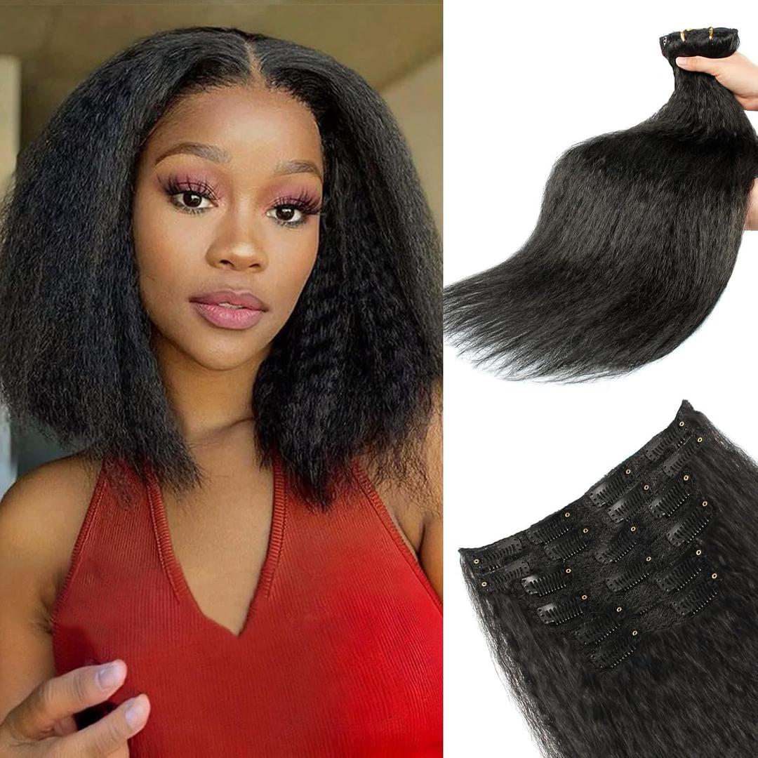 Kinky Straight Clip in Hair Extensions 90g 6Pcs Protein Fiber Close to Human Hair Clip in for Black Women Full Head Double Weft 14inch 1B