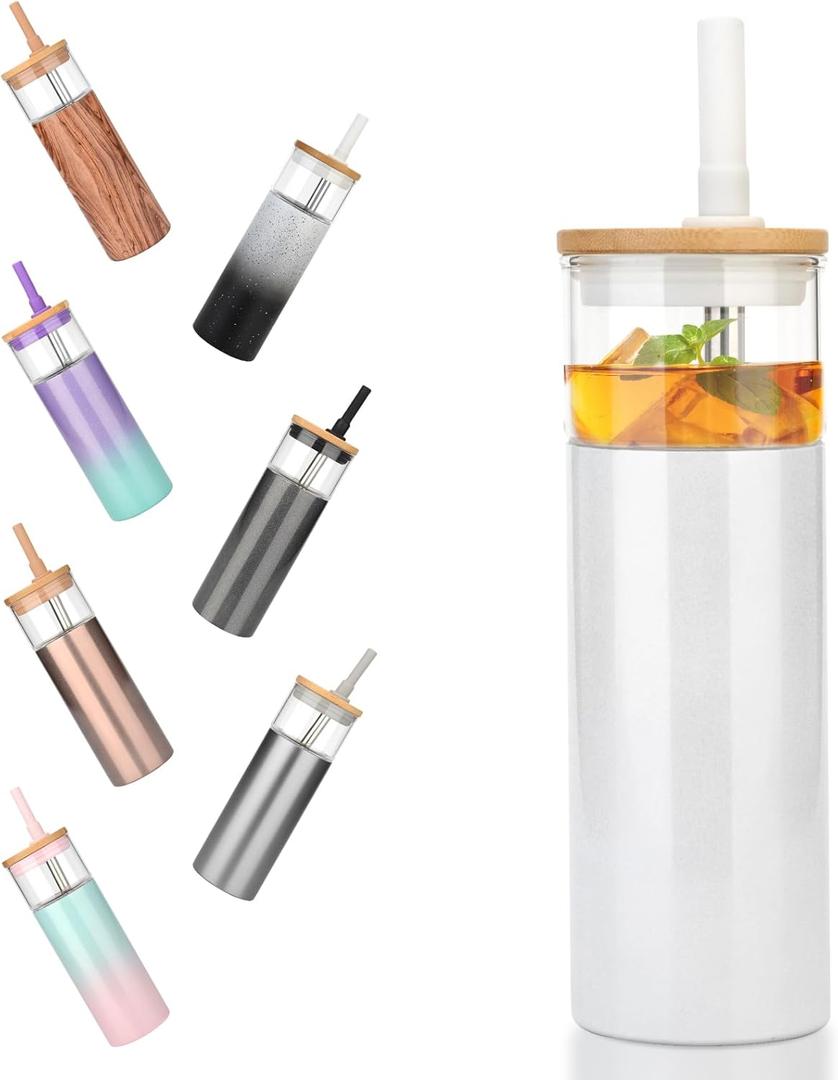 Tronco 20 oz Vacuum Insulated Glass Tumbler with Lid and Straw - Keeps Drinks Cold for 12 Hrs - Reusable Glass Cup for Iced Coffee, Smoothies & Boba - Sweat & BPA Free, Dishwasher Safe, Fit Car Holder (White)