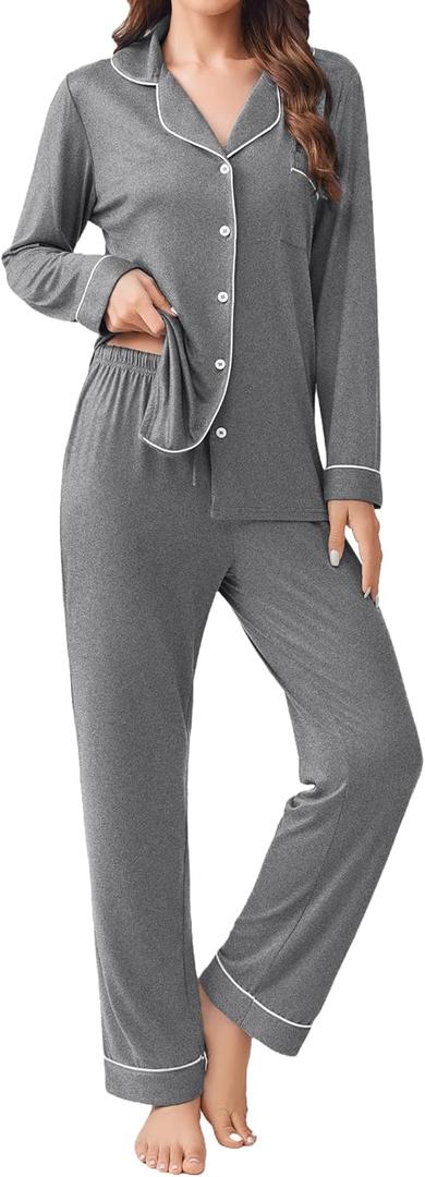 Ekouaer Womens Pajamas Set 2 Piece Button Down Pjs Soft Long Sleeve Top and Pants Sleepwear Set Lounge Sets, Medium
