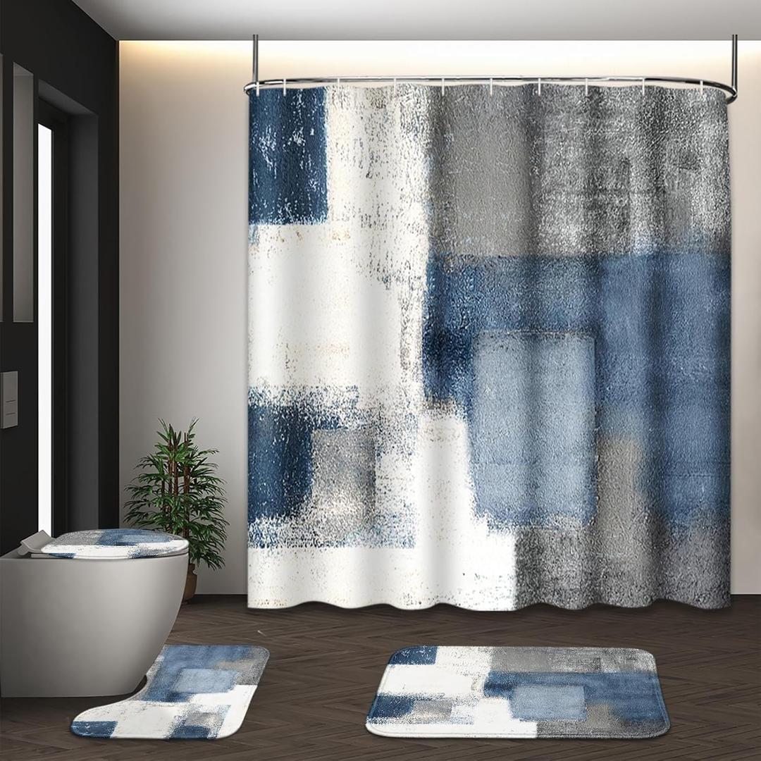 Blue Grey White Abstract Shower Curtain Set with Toilet Lid Cover and Non-Slip Rugs for Bathroom, Modern Painting Art 4 Pcs Shower Curtain, Vintage Bathroom Set with 12 Hooks