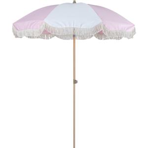 Tempera 7ft Boho Beach & Patio Umbrella with Fringe, Market Umbrellas with UPF 50+ UV & Water-Resistant Canopy, 1.5" Wood Pole & Button Tilt. (Pink White Spliced)