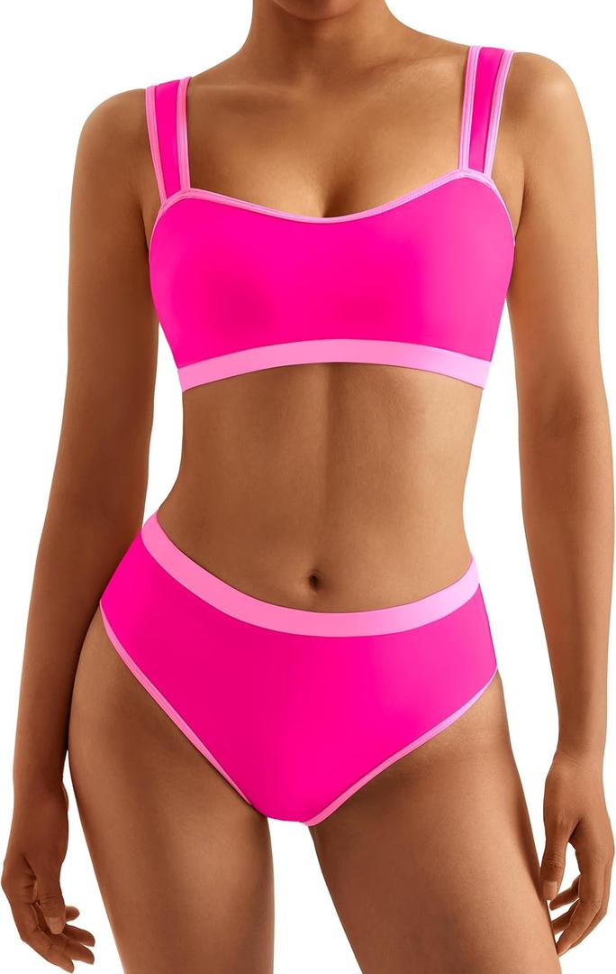 MOOSLOVER Women Sporty Color Block Bikini Sets Cheeky High Cut Two Piece Swimsuit (Small, Pink)