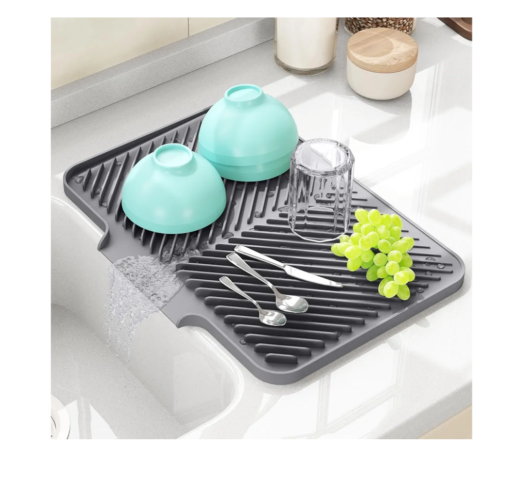 Dish Drying Mat Kitchen Counter - Silicone Dish Drying Pad with Built-in Drain for Sink, Refrigerator and Drawer Liner, Easy Clean, Non-Slip, Heat Resistant, 14.8" x 10.7"