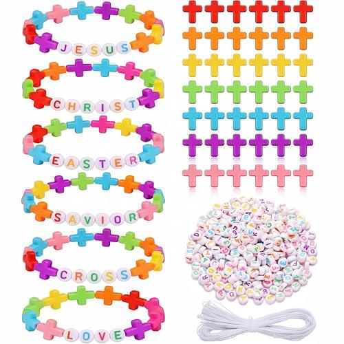 Highergo 1200 Pcs Easter Cross Beads for Jewelry Making, Religious Beaded Bracelet DIY Bead Craft Kit Stretch 944 Inch Elastic Cord for Spring Easter Sunday School VBS Party Decor