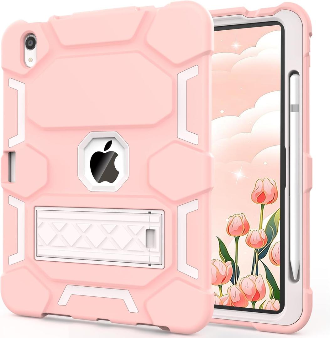 CCMAO Case for iPad 10th Generation 10.9 Inch 2022, iPad (A16) 11th Gen 11 Inch 2025, with Kickstand & Pencil Holder, Heavy Duty Shockproof Hybrid Protective Cover for Kids, Light Pink+White