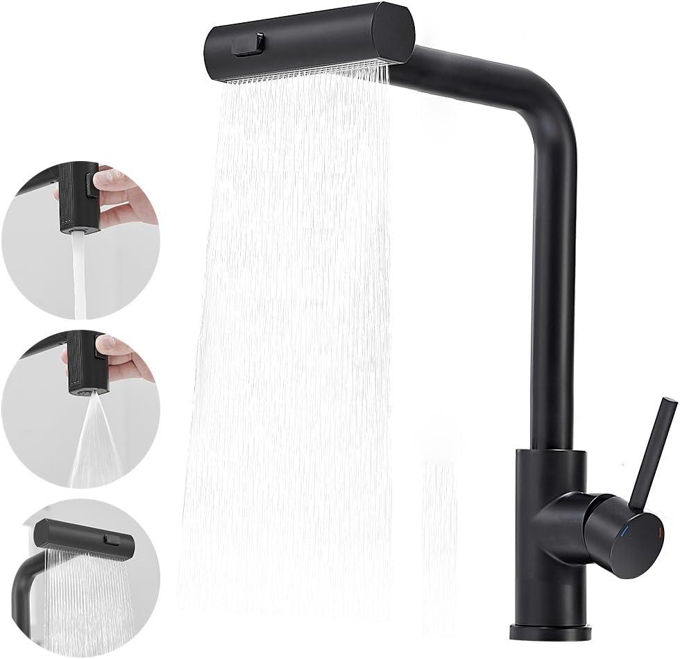 Kitchen Faucet with Pull Down Sprayer Black Waterfall Single Hole Single Handle Stainless Steel Kitchen Sink Faucets