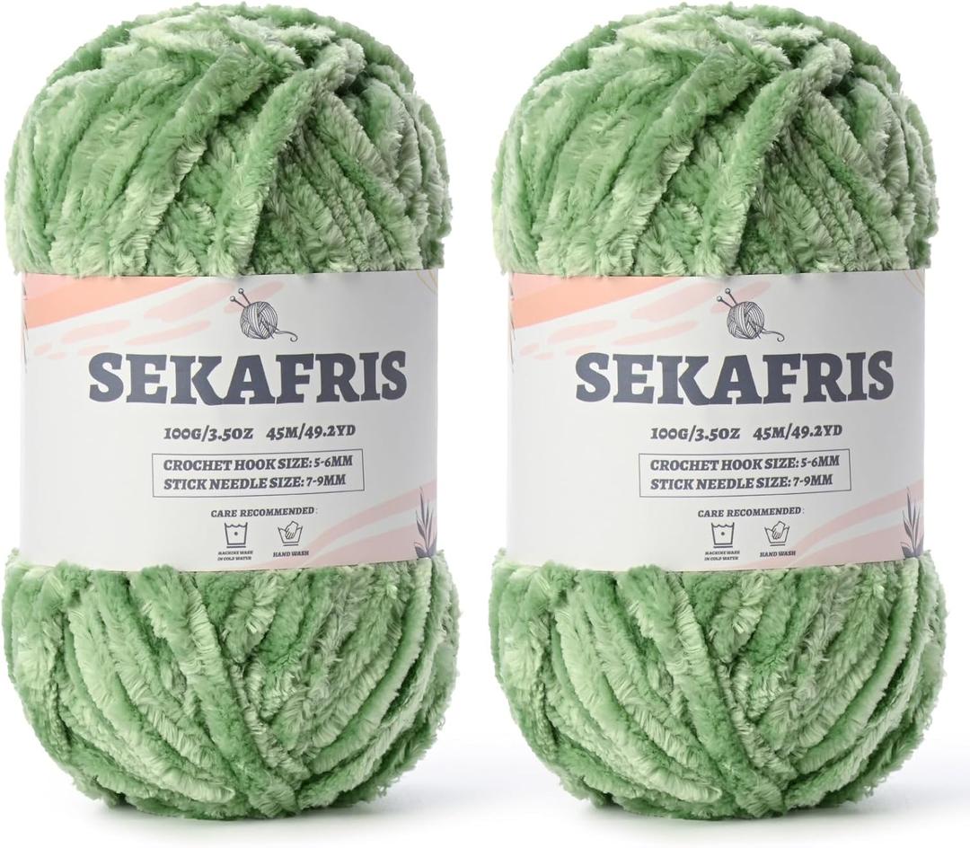 Fuzzy Chunky Chenille Yarn for CrochetingSoft Plush Yarn for Hand KnittingBulky 2x100g 2x49.2yd Baby Blanket Yarn for Crocheting Amigurumi YarnsCrochet Fluffy Velvet Yarn (2 Avocado Green)