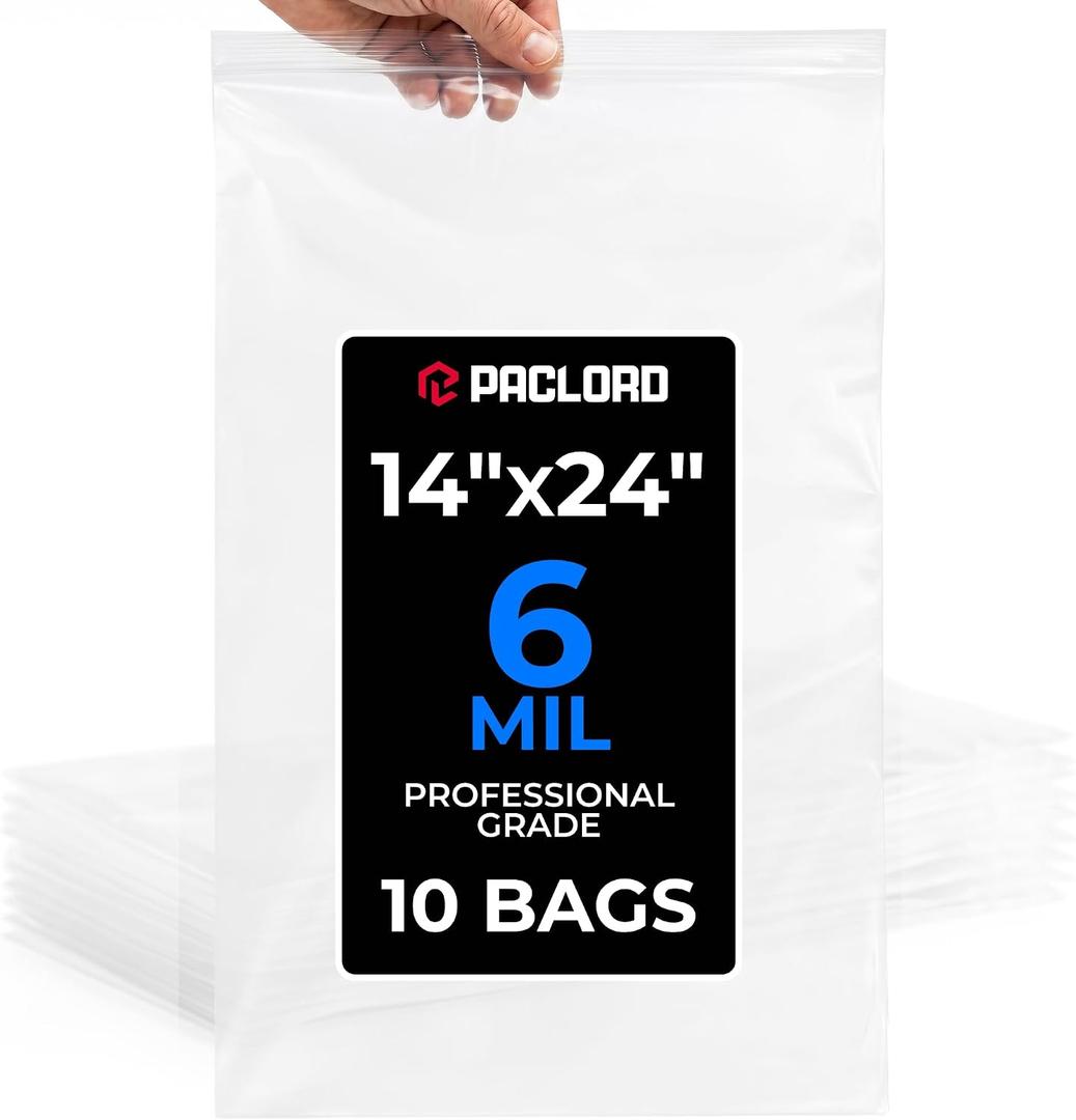 14" x 24" Large Reclosable Plastic Zip Bags, 10 Count | 6 Mil Heavy-Duty Clear Poly Bags, Resealable for Food, Clothes, Hardware, Home & Garage Storage