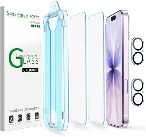 amFilm OneTouch Screen Protector for iPhone 17 6.3'' 2025 + Camera Lens Protector | Auto-Alignment install | Bubble Free | 9H+ Military-Grade Tempered Glass | FHD Clarity | Case Friendly | 2+2 Pack