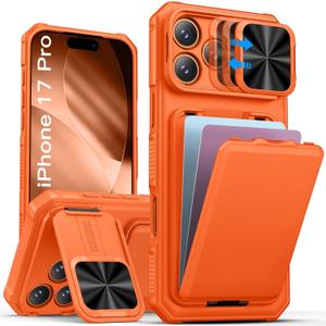 SSLOTSCASE for iPhone 17 Pro Case with Card Holder & Stand & Sliding Camera Lens Cover & Kickstand, Military-Grade Heavy Duty Shock Proof Men Women Phone Case Cover for iPhone 17 Pro 6.3'', Orange
