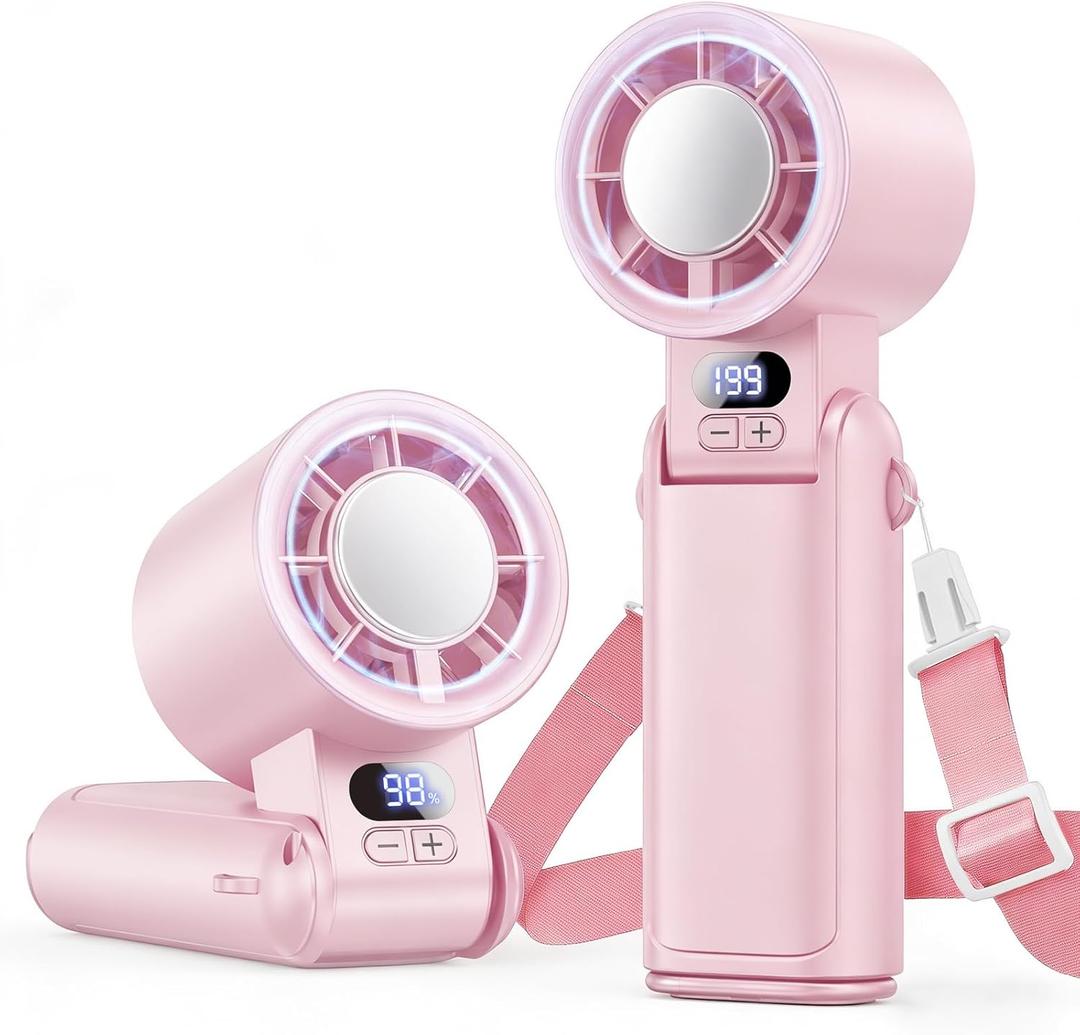 Portable Handheld Turbo Fan, 1-199 Speed Adjustable with LED Display, High-Power Motor, Rechargeable Battery, 4 IN 1 Pocket Design Mini Fans for Indoor/Outdoor/Travel/Work, Pink, Small