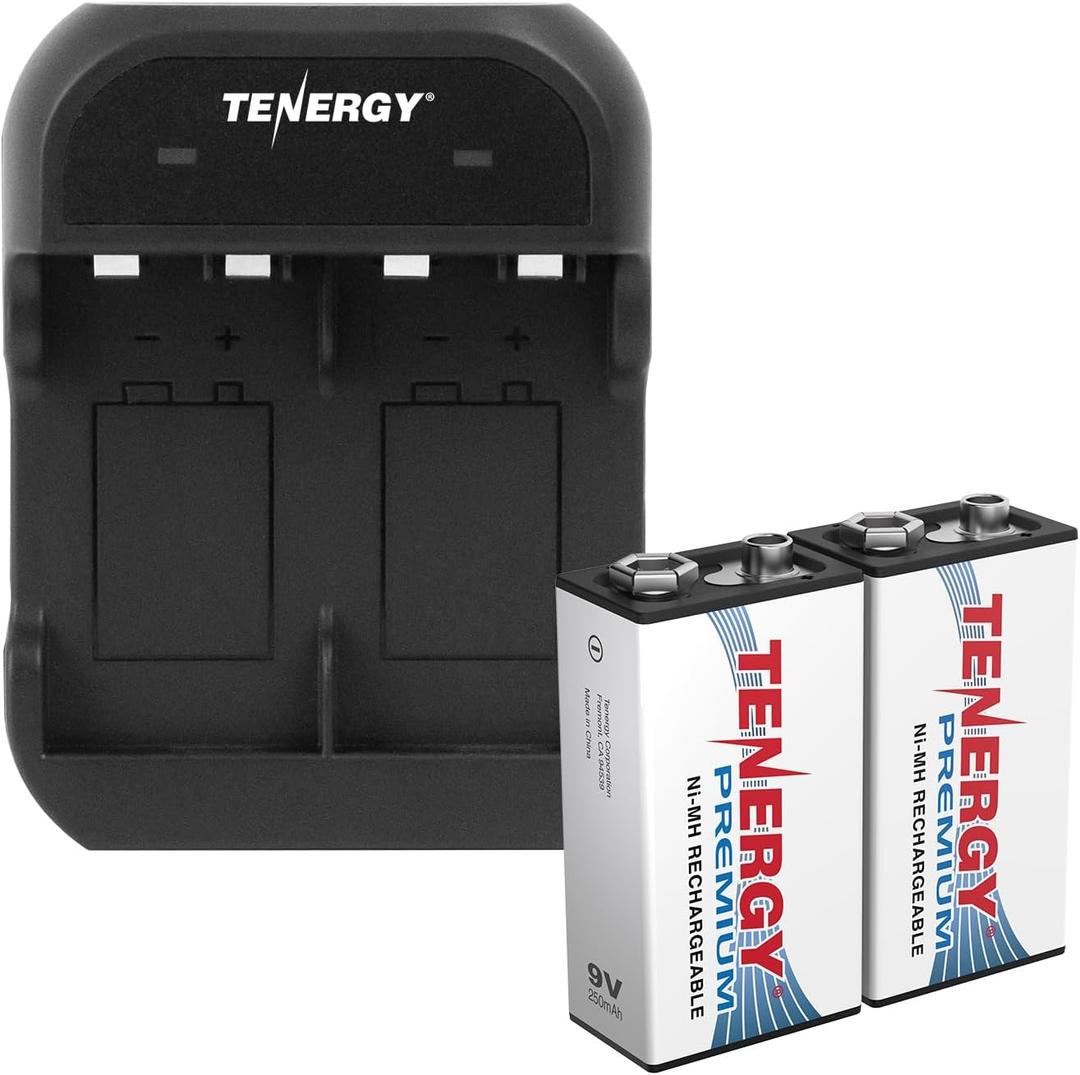 Tenergy TN141 2 Bay 9V Smart Charger with 2 Pack of Premium 9V NiMH 250mAh Rechargeable Batteries