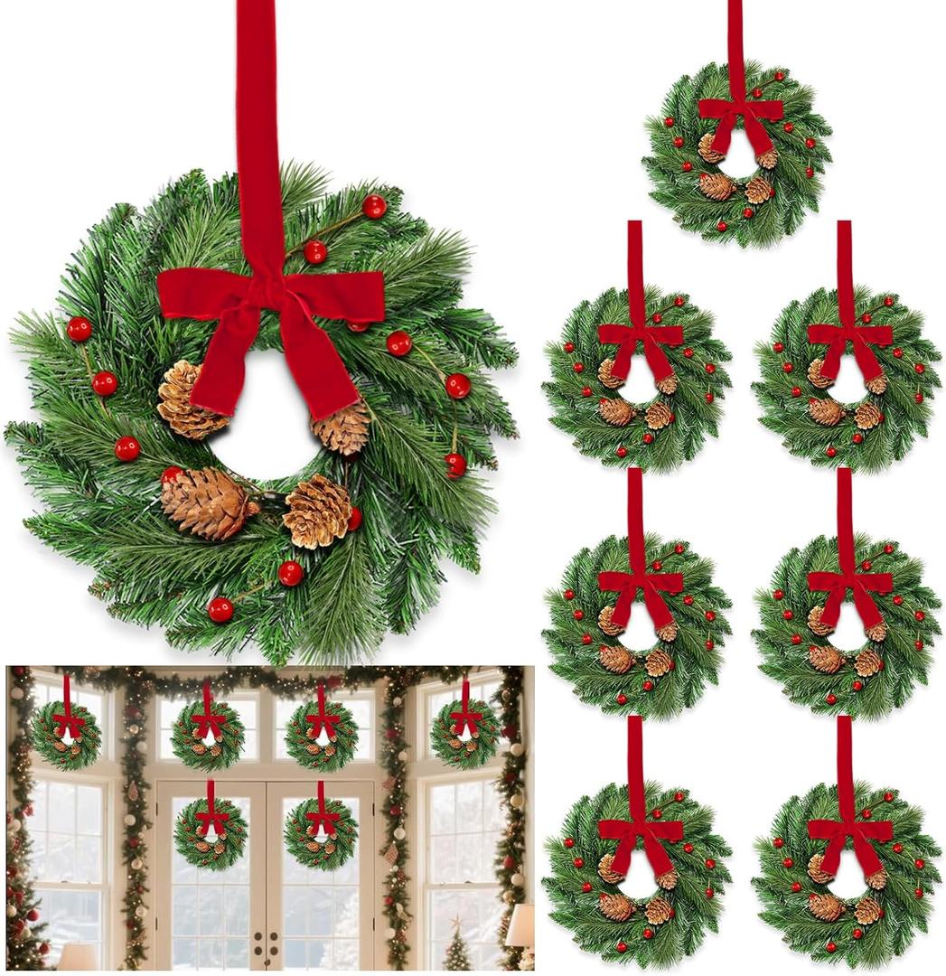 8 Pcs Mini Christmas Wreath for Cabinets Kitchen, 12 Inch Small Christmas Wreaths with Lifelike Norfolk Pine Aspen Fir Tips Cones Red Berry Bow Xmas Door Wreath for Front Door Porch Wall Window Indoor