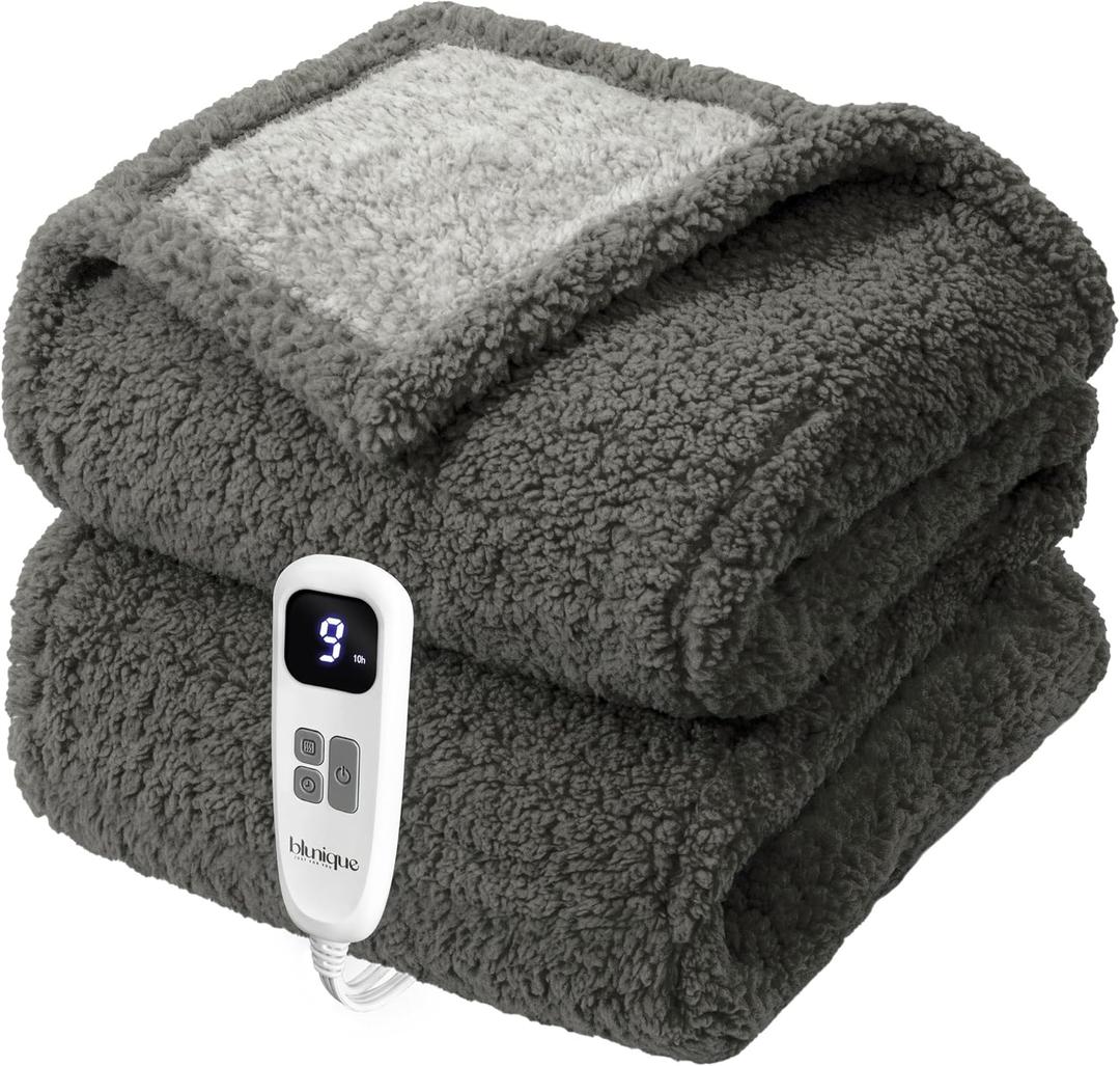Blunique Heated Blanket Electric Blanket Twin Fast Heating Blanket Throw Double Sided Sherpa Ultra Soft Cozy with 10 Heating Levels & 210 Hours Auto Off, Mashine Washable, 62 x 84 Inches, Grey