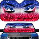 American Flag Fun Eyes Car Window Shade Heat Insulation Sun Shade for Car Windshield, Glitter Front Window Sunshade Hello USA Sun Visor Shade Sunshade Shield Keep Vehicle Cool (55x30 inches)