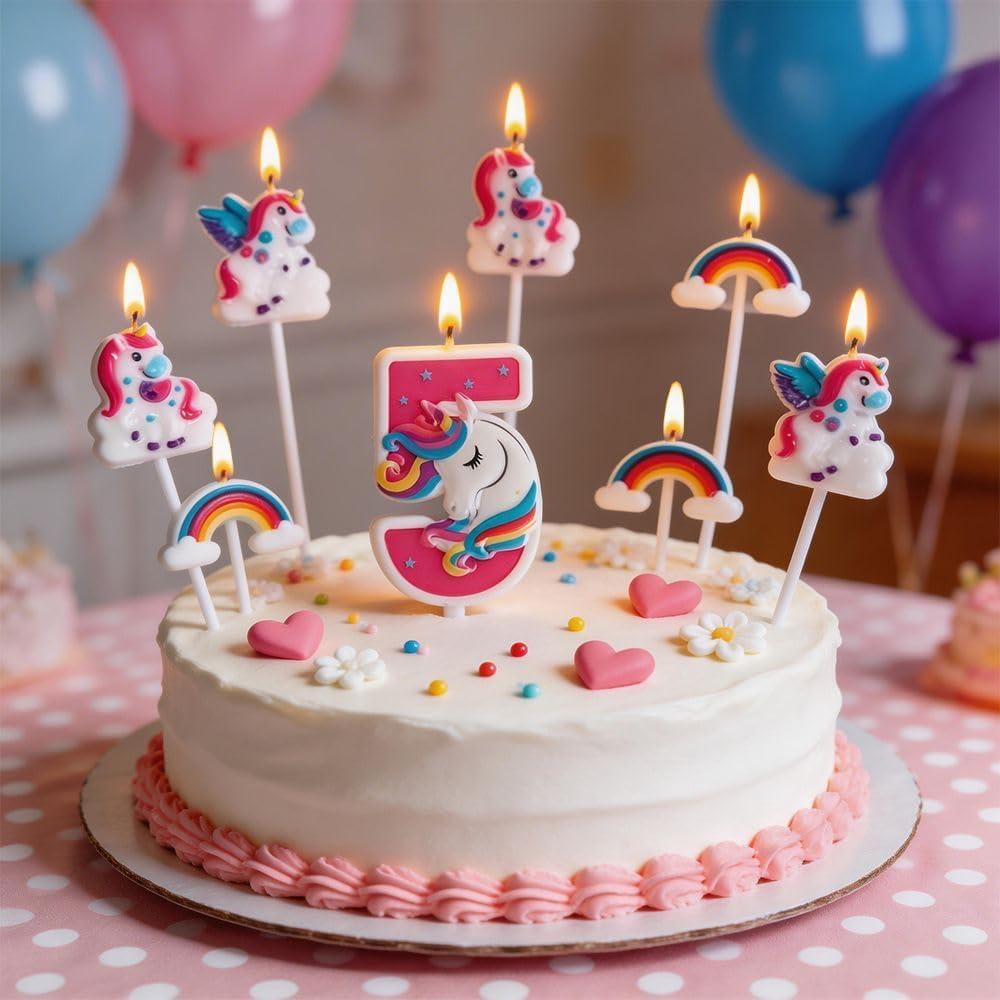 Unicorn Theme Birthday Candles Set of 7,4 Unicorns + 3 Rainbows,Magic Cake Toppers for Birthday,Wedding,Cupcake,Baby Shower,Gender Reveal