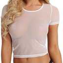 Sheer Mesh Crop Top Short Sleeve Sexy Lingerie T-Shirt White (White)