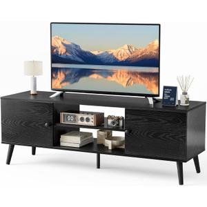 Sweetcrispy TV Stand for 55 60 inch TV, Modern Mid Century Entertainment Center with Storage, Media Console Table 2 Cabinet, Soft Hinge, Handle Door, Wooden Living Room, Office Furniture, Black (53.54 x 15.75 x 18.9 inches)
