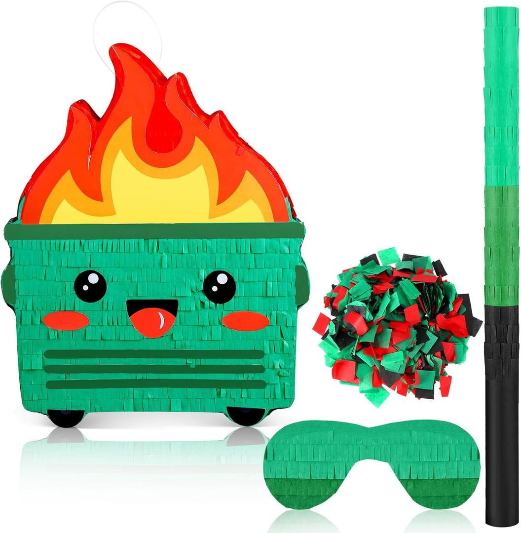 Poen Dumpster on Fire Piata for Birthday Party 15. 75 x 12. 6 Inch Piata with Bat Blindfold Confetti for Baby Shower Photo Props Cinco De Mayo Fiesta Decoration Kids Teens Adults Supplies(Green)