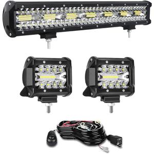 LED Light Bar Kits 22 Inch 420W 12V LED Light Bar, 2Pcs 4 Inch 60W LED Light Pod Driving Boat Led Off Road Lights with Wiring Harness for Truck ATV UTV Car Boat Tractor Snowplow Mower