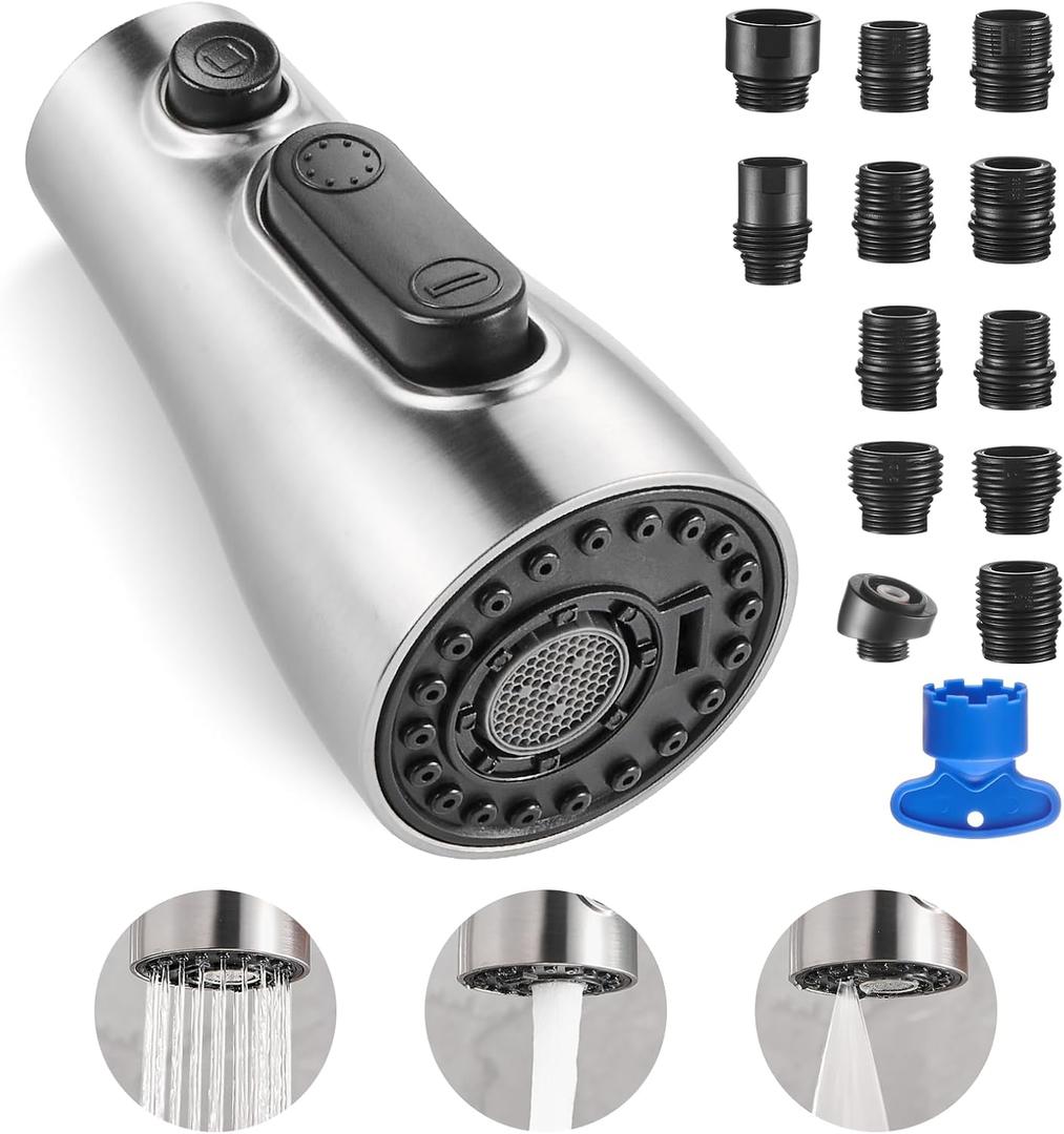 Cobbe Kitchen Faucet Head Replacement, Pull Down Spray Head for Kitchen Sink Faucet, 3 Function Kitchen Sink Sprayer Replacement with 12 Faucet Adapter, American Standard, Brushed Nickel