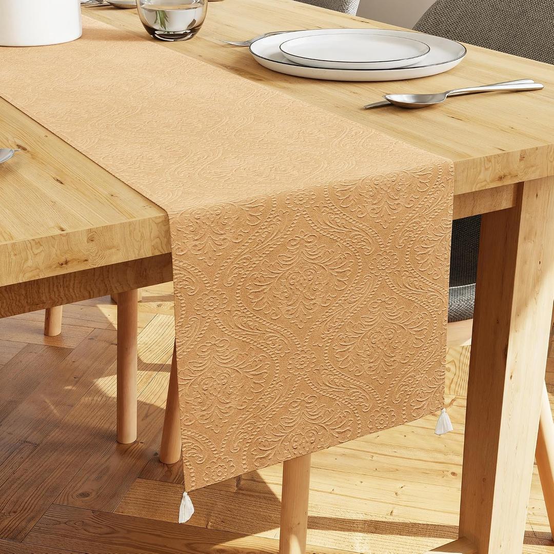 Encasa XO Dining Table Runner 13x72 in Long | Embossed Velvet | Gold Color with Premium Polyester - Machine Washable