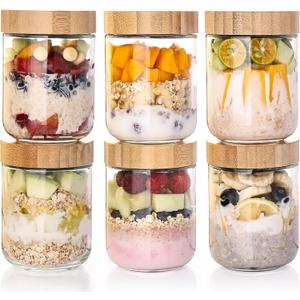 Liuruiyu 6-Pack Overnight Oats Containers with Bamboo Airtight Lids, 16oz Wide Mouth Mason Salad jars, Glass Food Storage Containers for Snacks Sugar Spice Yogurt