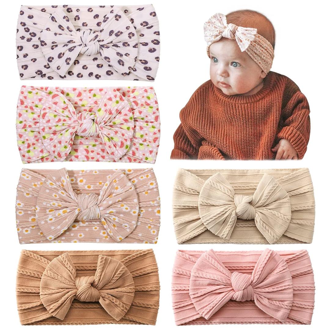 jollybows 5pcs Baby Nylon Headbands Hair Bow Elastics Hairbands Hair Accessories for Baby Girls Newborn Infant Toddlers Kids (Upgrade patterns colors)