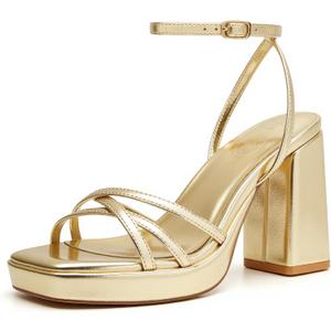 Trary Gold & White Heels - Square Toe, 3 inch Platform, Strappy & Block Heels for Wide Feet, Ankle Strap Y2k Shoes for Prom (6.5, Gold Pu)