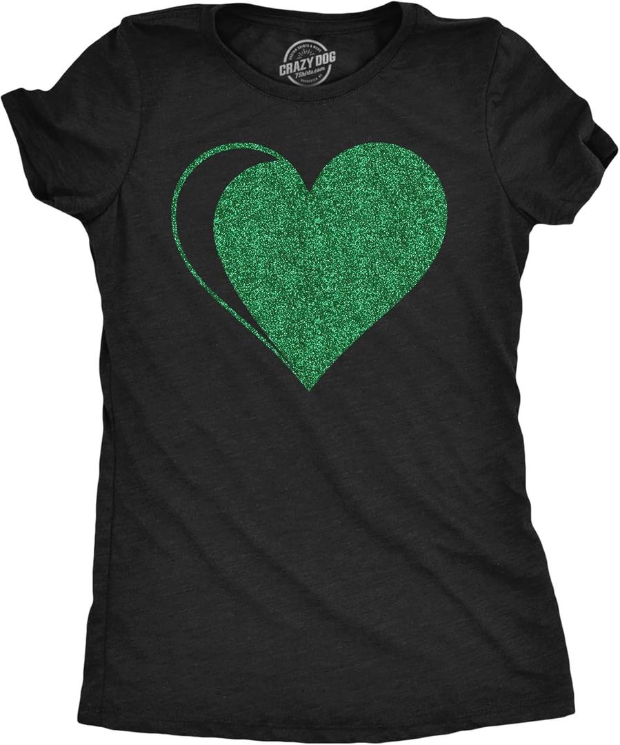 Womens St Patricks Day Shirt Green Glitter Heart Tee, Festive Irish Outfit, Soft Cotton Black Shamrock T Shirt for Women (Gray, M)