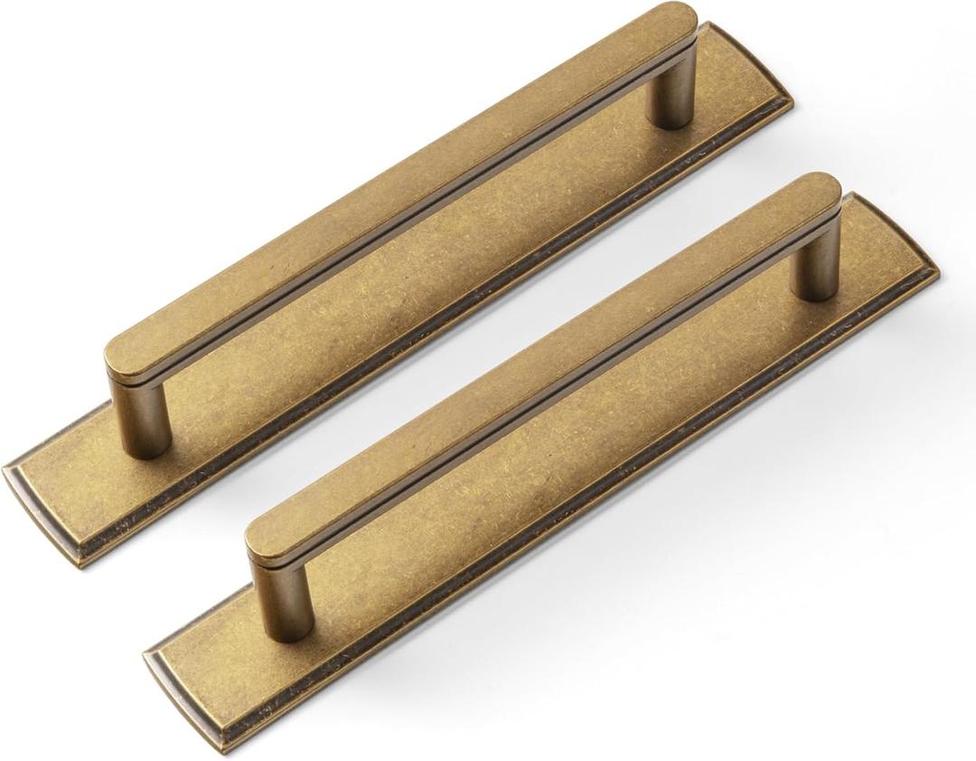 Goo-Ki 2 Pack 5'' Center to Center Antique Brass Cabinet Handles with Backplate Vintage Kitchen Drawer Pulls with Subtle Curves