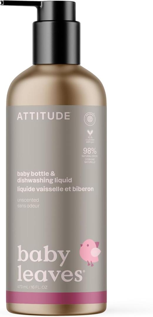 ATTITUDE Baby Dish Soap and Bottle Cleaner, EWG Verified Dishwashing Liquid, No Added Dyes or Fragrances, Tough on Milk Residue and Grease, Vegan, Refillable Aluminum Bottle, Unscented, 16 Fl Oz