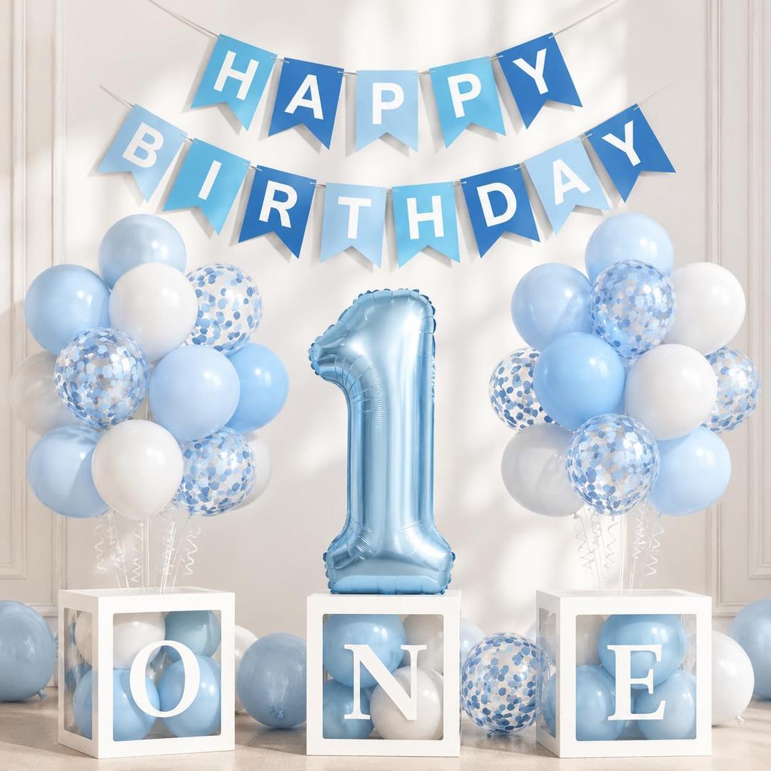 First Birthday Decorations For Boy-40 Inch Blue 1 Number, Baby Blue White Balloons, Happy Birthday Balloons And One Balloon Boxes For Kids One Year Old Birthday Decorations