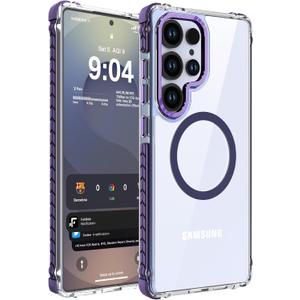 DEERLAMN Strong Magnetic Case for Samsung Galaxy S25 Ultra 6.9-Inch,[Compatible with Magsafe][Military Grade Drop Protection] Clear Slim Shockproof Protective Phone Cover, Transparent+Purple
