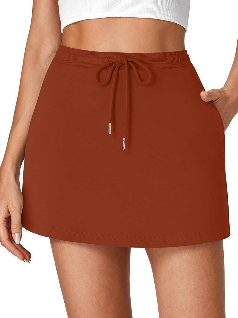 Vrtige Women's Casual Elastic High Waist Drawstring Workout Mini Skirt with Pockets (L)