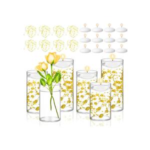 6 Set Glass Cylinder Vase with 8 Artificial Pearl String 12 White Floating Candle Multi-Size Cylinder Vase for Centerpieces 4"+ 6" + 8" Glass for Wedding Party Table Decor(6 Pcs-Gold)