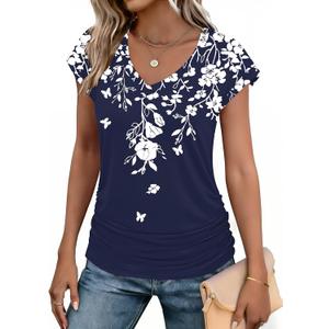 Zeagoo Womens Summer Tshirts Ruched Cap Short Sleeve Tops V Neck Trendy Shirts Fashion Tunics with Side Shirring (Medium)