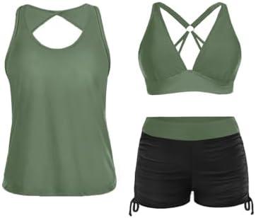 Yonique 3 Piece Tankini Swimsuits for Women Swim Tank Top Bathing Suits with Boy Shorts and Bra Athletic Swimwear Large