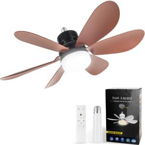 Socket Fan Light, Light Bulb Fan 20.5IN Dimmable, Screw in Socket Fan Ceiling Fan with Light for Garage, Kitchen, Basement (Wood Grain)