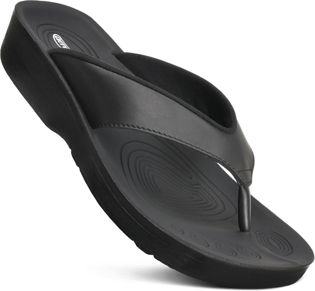 AEROTHOTIC Flip Flops for Women with Arch Support Plantar Fasciitis Orthopedic Cushioned Footbed Comfortable Non-Slip Sole with Padded Straps Dressy Casual Recovery Women Sandals (10, Fallon Black)