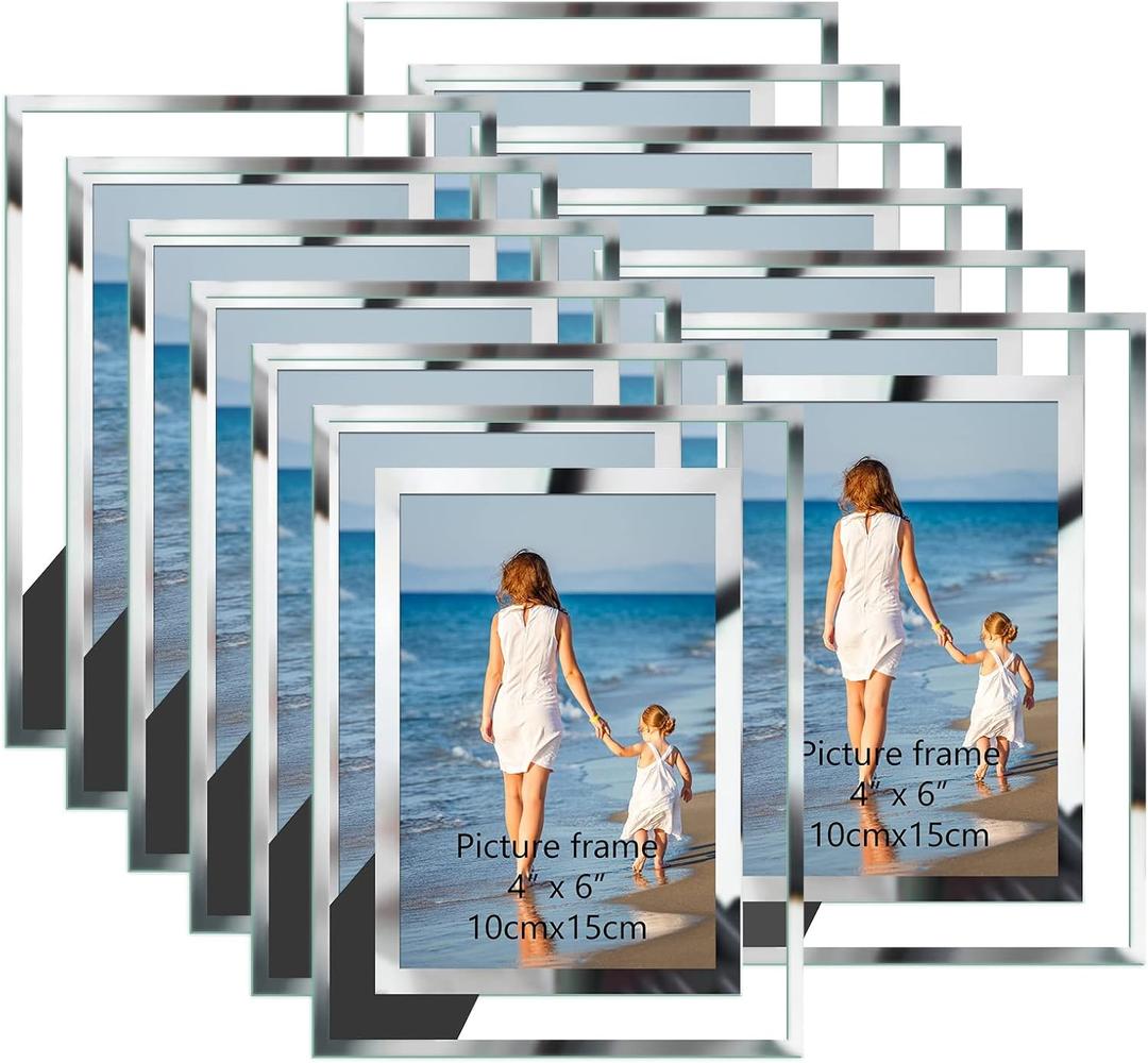 Hoikwo Bulk 4x6 Picture Frames, 12 Packs Silver Photo Frames 4 by 6, Glass Wedding Frames 4x6, Clear Mirror Wedding Photo Frames, Only for Tabletop Display Vertically or Horizontally