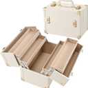 Joligrace Makeup Train Case Large Portable Cosmetic Makeup Storage Box Organizer Lockable with 4 Tray Compartments Retro Champagne Beige Vegan Leather (Long Tray Version)