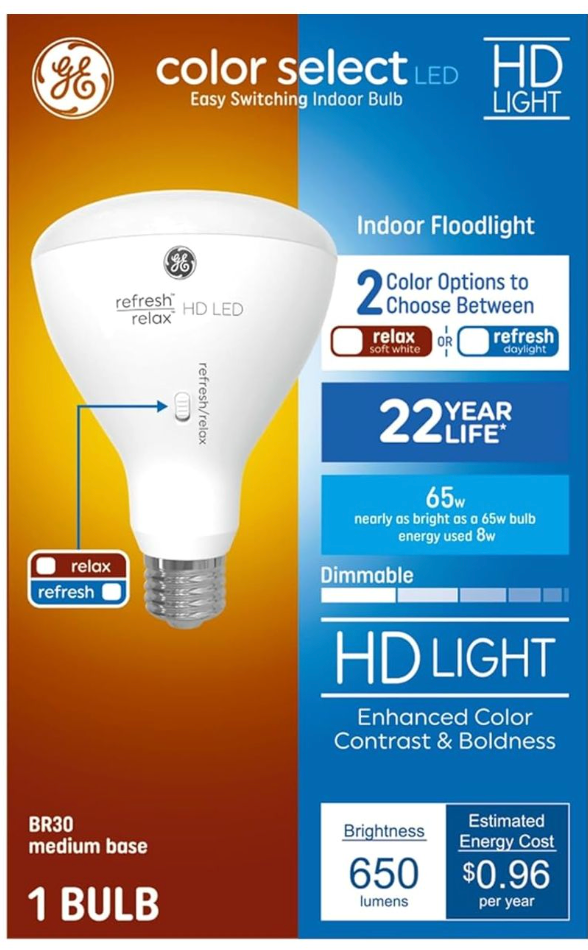 GE Color Select LED Light Bulb, 65 Watt Eqv, Daylight or Soft White, BR30 Indoor Floodlight (Pack of 1)