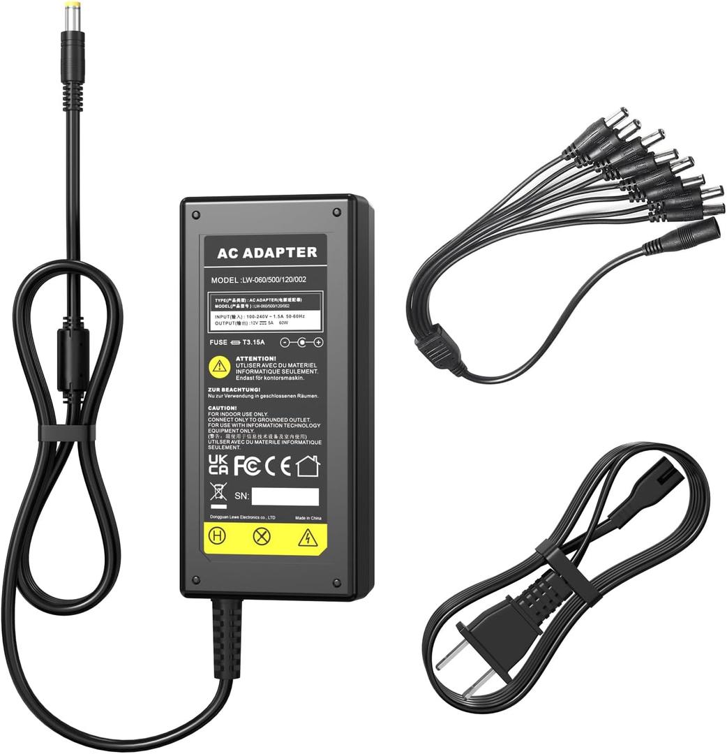 DC 12V 5A Power Supply Adapter with 8 Splitter Power Cable for Security Camera CCTV DVR Surveillance System LED Power Transformers-Fits Analog/AHD DVR/Camera