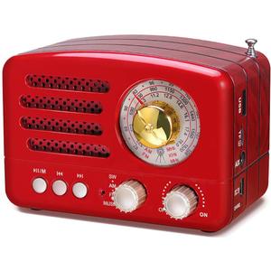 PRUNUS J-160 Retro Vintage AM FM Radio with Bluetooth, USB/TF Card Playback, Small Transistor Radios Battery Operated, Rechargeable Radio(Red)
