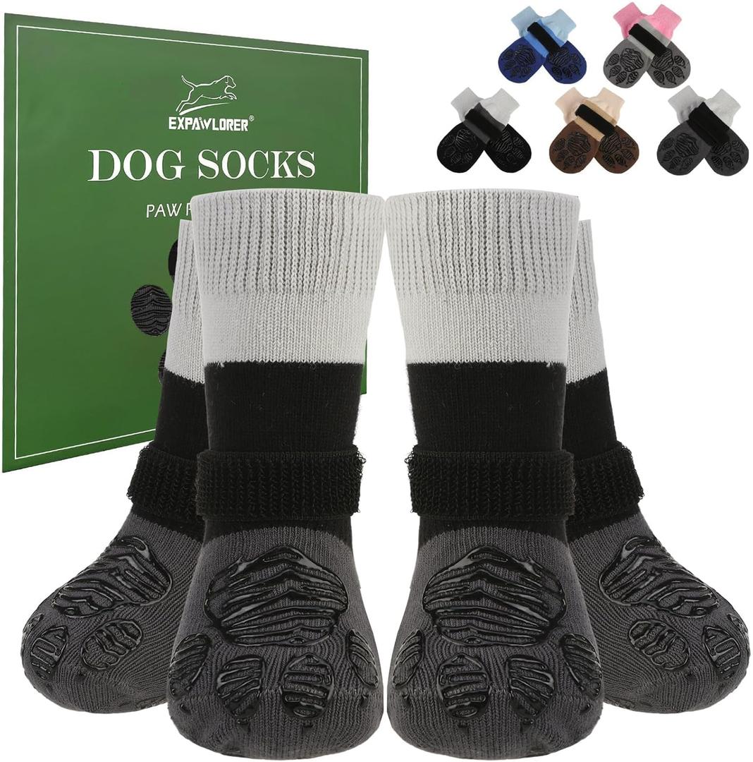 EXPAWLORER Anti Slip Dog Socks to Prevent Licking Paws, Dog Shoes for Cold Winter, Dog Booties for Hardwood Floors, Dog Boots & Paw Protectors with Grippers for Small Medium Large Senior Dogs Grey S
