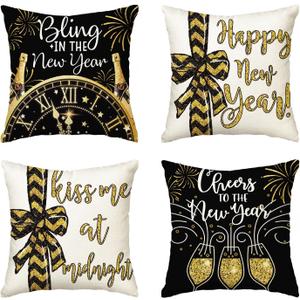 AVOIN colorlife Happy New Year Cheers at The New Year Throw Pillow Covers, 20 x 20 Inch Winter Holiday Celebrate Party Cushion Case Decoration for Sofa Couch Set of 4