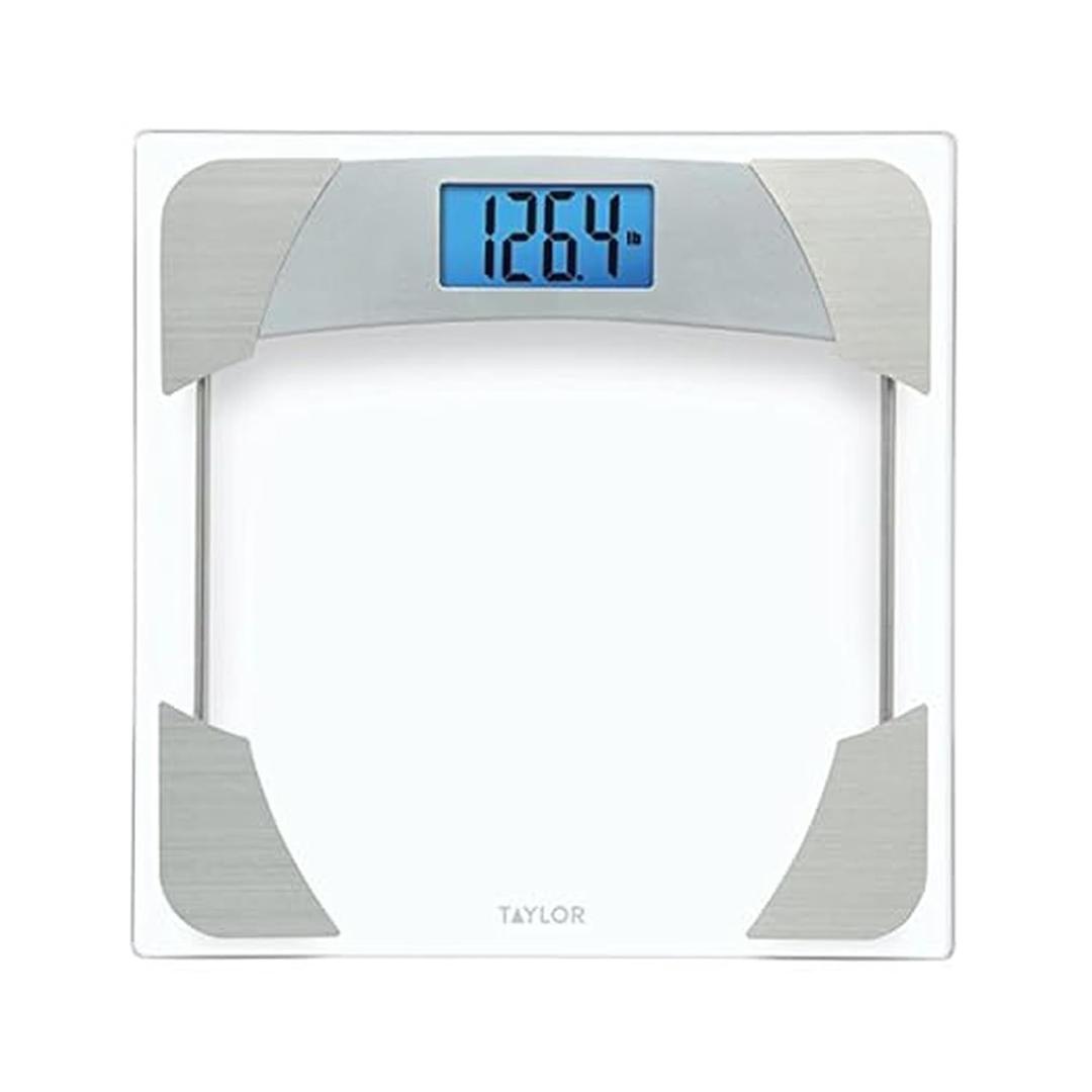 Taylor Digital Scales for Body Weight, 400 LB Capacity, Unique Blue LCD, Stainless Steel Accents, Glass Platform, 12.2 x 12.2 Inches, Clear