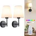 Battery Operated Wall Sconce Set of 2, Rechargeable Wall Lights with 5200mAh Dimmable Bulbs and Remote,15 RGB Colors Wireless Wall Lamps with Fabric for Bedroom Living Room Hallway Decor (Black)