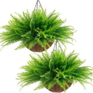 lovemoon Fake Ferns Plant Baskets,2PCS Artificial Hanging Plants,2 Hanging Planters with 24 Pcs Leaves for Indoor Outside Decorations for Front Porch Garden Balcony Patio Home Decor (2, Light Green)